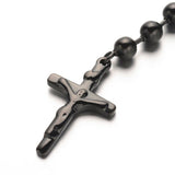 Stainless Steel Rosary Bead Necklace Cross Pendant Black 23.6"(60cm) 4mm P41