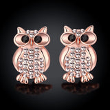 Rose Gold Plated  Earrings Stud AAA Zirconia Push Back Owl  .76" L168