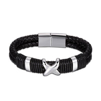 Stainless Steel Leather Bracelet  Skull Silver 7.5 Inches 17.2MM Magnetic  L343