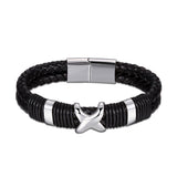 Stainless Steel Leather Bracelet  Skull Silver 7.5 Inches 17.2MM Magnetic  L343