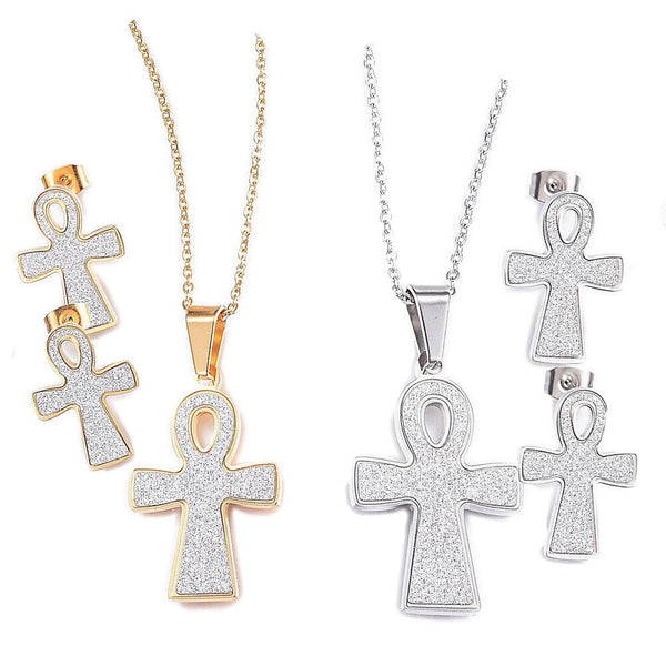 Stainless Steel Set Pendant Necklace Earrings Textured Cross Gold 17.7'' P817