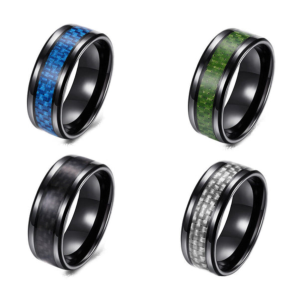 Stainless Steel Black Mens Band Carbon Fiber Silver Black Blue Ring B558