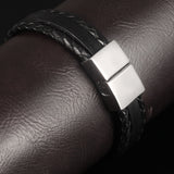 Stainless Steel Genuine Leather Bracelet Black Silver Men's Unisex Slide G382