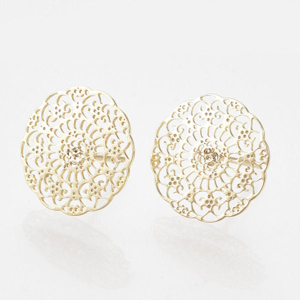 Brass Stud Earrings Flower Real Gold 14x14mm  0.6mm P216