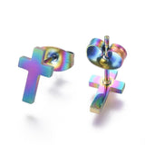 Stainless Steel Set Pendant Necklace Stud Earrings Back Cross 16.7" P707