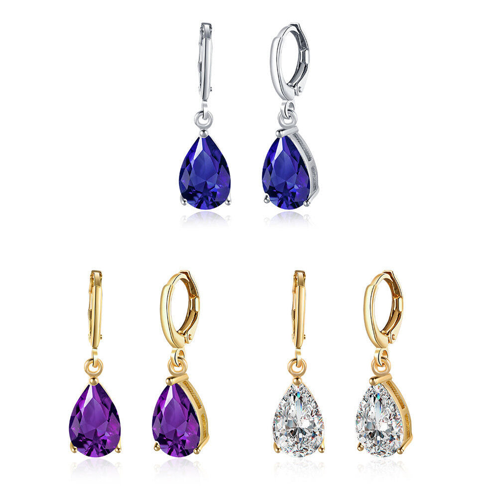 Yellow Gold Platinum Plated Earrings Drop Dangle Zirconia L585