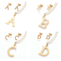 Stainless Steel Pendant 1.2" Earrings Necklace 17.7" Alphabet Letter Gold P813