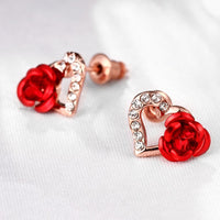 Rose Gold Plated Red Earrings Stud AAA Zirconia Push Back Rose .48" L176