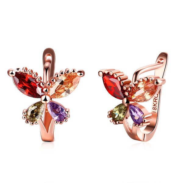 Rose Gold Plated Earrings Flower Butterfly Drop Dangle Zirconia Latch Back L668