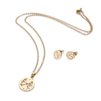 Stainless Steel Set Earring Pendant Necklace Flat Round Clover Gold 18" P795