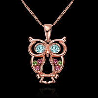 Rose Gold Plated Necklace Pendant Owl Zirconia Blue 19 Inches 1MM Lobster B155