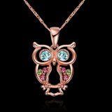 Rose Gold Plated Necklace Pendant Owl Zirconia Blue 19 Inches 1MM Lobster B155