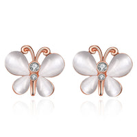 Rose Gold Plated White Earrings Stud Czech Push Back Butterfly 0.52" L187