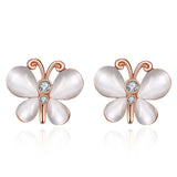 Rose Gold Plated White Earrings Stud Czech Push Back Butterfly 0.52" L187