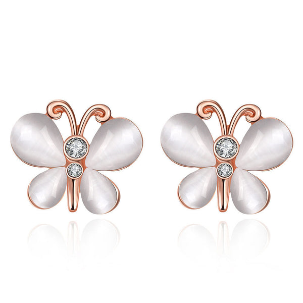 Rose Gold Plated White Earrings Stud Czech Push Back Butterfly 0.52" L187