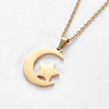 Stainless Steel Set Earring Pendant Necklace Moon Star Gold 17" P772