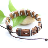 Genuine Leather Bracelet Men's Unisex  Wrap Tribal Brown White Adjustable H19