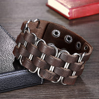 Leather Bracelet Handmade Brown 9 Inches 34MM Button Clasp L523