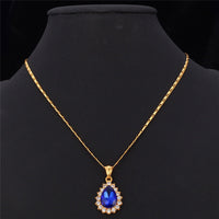 Gold Plated Necklace Pendant  Water Drop Crystal Stone Blue Women's L52