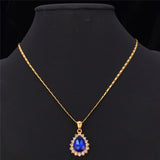 Gold Plated Necklace Pendant  Water Drop Crystal Stone Blue Women's L52