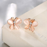 Rose Gold Plated White Earrings Stud Czech Push Back Butterfly 0.52" L187