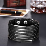 Leather Bracelet  Handmade Black 9 Inches 34MM Button Clasp L514