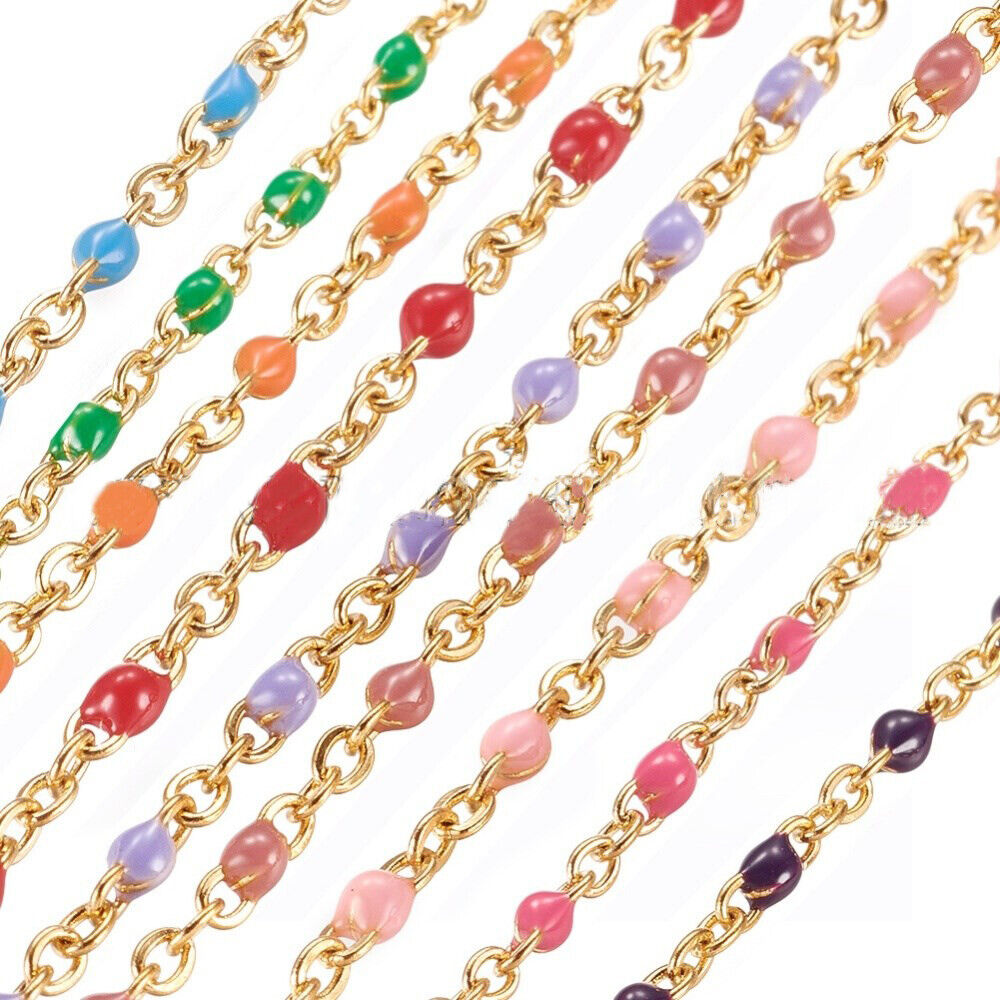 304 Stainless Steel Chain Necklace Enamel Gold Blue Green Red Pink 18" 2mm P366