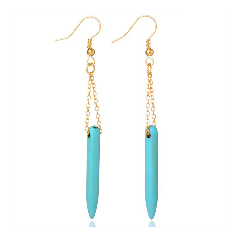 Howlite Pendant Earrings Tusk Shape Chain Earring Hooks Gold Turquoise 55mm P349