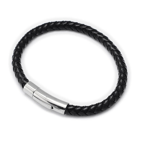 Braided Leather Cord Bracelet Stainless Steel Bayonet Clasp Black 210x6mm Z104