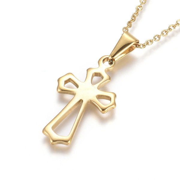 Stainless Steel Pendant Necklace Chain Lobster Religion Cross Gold 17.5" A239