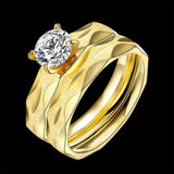 Stainless Steel Bridal Engagement  Set Ring Yellow Gold AAA Zirconia Women B439