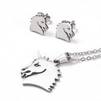 Stainless Steel Set Pendant Necklace Earrings Lobster Horse Head Silver 17" A462