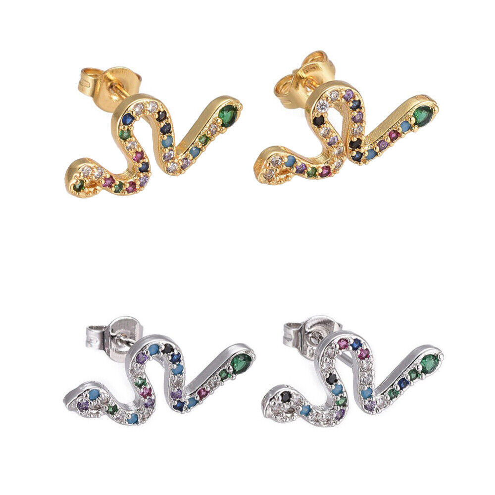 Zirconia Stud Earrings Snake Colorful Gold 17-17.5x8mm Pin 0.7mm  P568
