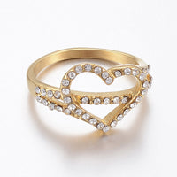 304 Stainless Steel Rhinestone Finger Rings Heart Gold Size 6~9 16~19mm Z701