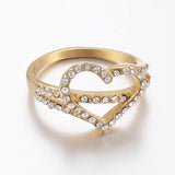 304 Stainless Steel Rhinestone Finger Rings Heart Gold Size 6~9 16~19mm Z701