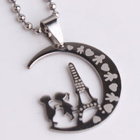 316L Stainless Steel Pendant 0.94X1.10 Inch Moon Couple Silver Necklace 22" B146