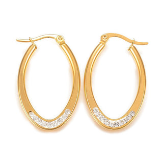 Stainless Steel Hoop Earrings Polymer Rhinestone Oval Gold 1.2" 1x0.8mm  P590