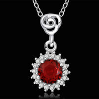 Sterling Silver Plated Necklace Pendant Red Zirconia 17.5 Inches 1.2MM Lobster B3