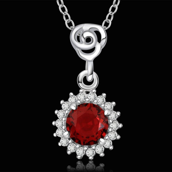 Sterling Silver Plated Necklace Pendant Red Zirconia 17.5 Inches 1.2MM Lobster B3