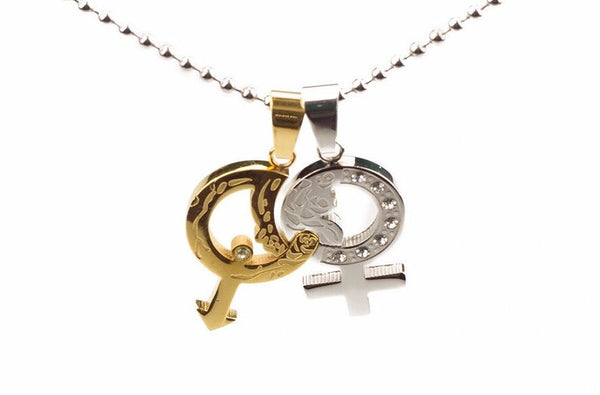 Stainless Steel Lovers Gender Zirconia Pendant Beads Necklace Silver Gold L176