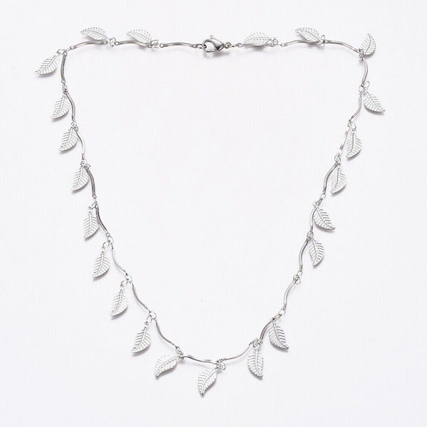 Stainless Steel Leaf Charm Necklace Bar Necklace Lobster Silver 17.5" Z474