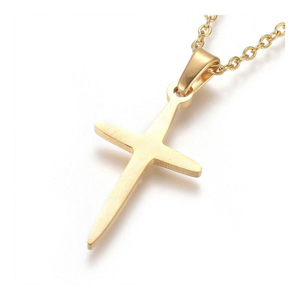 Stainless Steel Pendant Necklace Chain Lobster Religion Cross Gold 17.5" A221