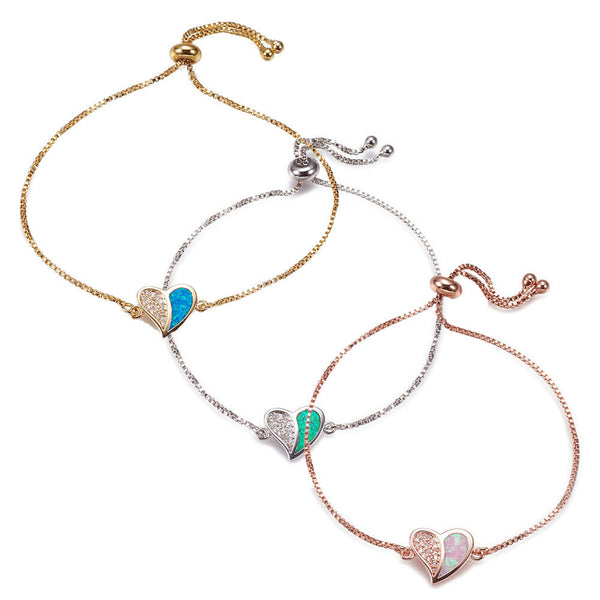 Adjustable Bracelets Slider Opal Cubic Zirconia Heart Gold Blue Pink 8.8"  P503