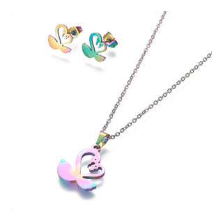 Stainless Steel Set Stud Earring Pendant Necklace Swan 17.7" Pin 0.8mm P485