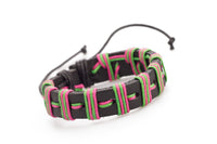 Genuine Leather Handmade Bracelet Men's Unisex Wrap Tribal Black Pink Adjust H16