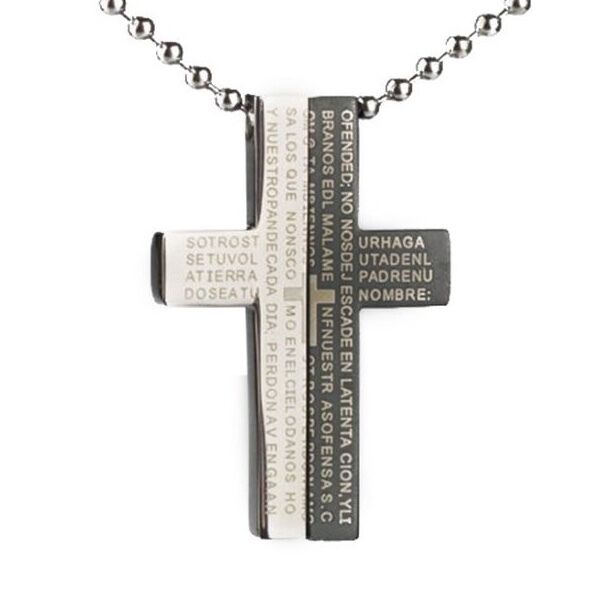 Stainless Steel Cross Pendant Beads Necklace Unisex Silver Black L158