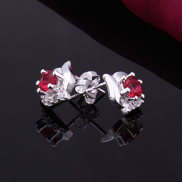 Sterling Silver Drop Dangle Stud Earrings Red Zirconia L39