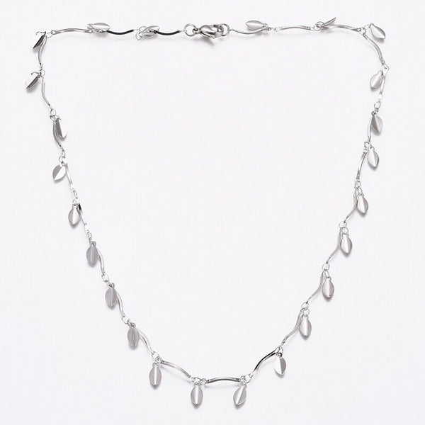 Stainless Steel Leaf Charm Necklace Bar Necklace Lobster Silver 17.5" Z470