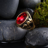 Stainless Steel Yellow Gold Plated Mens Ring Red Stone B551