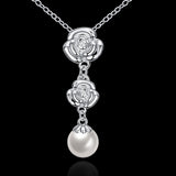 Platinum Plated Necklace Pendant Pearl Flower 20 Inches 1MM Lobster Clasp B154